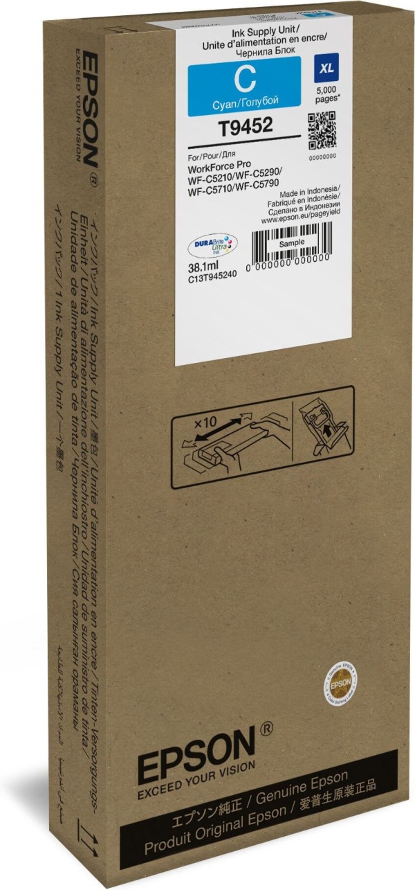 Чернила Epson C13T945240 (T9452 Cyan) оригинальные для Epson WorkForce Pro WF-C5210/ WF-C5290/ WF-C5710/ WF-C5790, голубой, 38.1мл, 5000 стр.