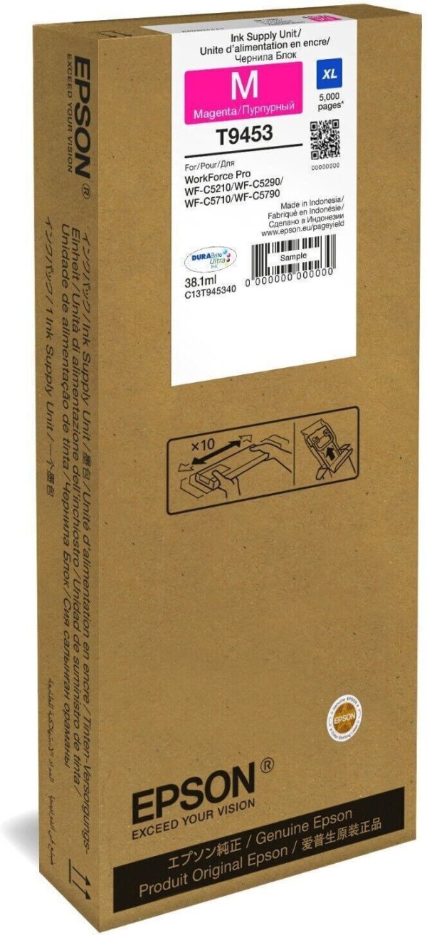 Чернила Epson C13T945340 (T9453 Magenta) оригинальные для Epson WorkForce Pro WF-C5210/ WF-C5290/ WF-C5710/ WF-C5790, пурпурный, 38.1мл, 5000 стр.