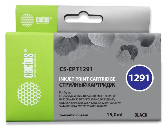 Картридж струйный Cactus CS-EPT1291 черный (15мл) для Epson Stylus Office B42/BX305/BX305F/BX320/BX525/BX625/SX420/SX425/SX525/SX620