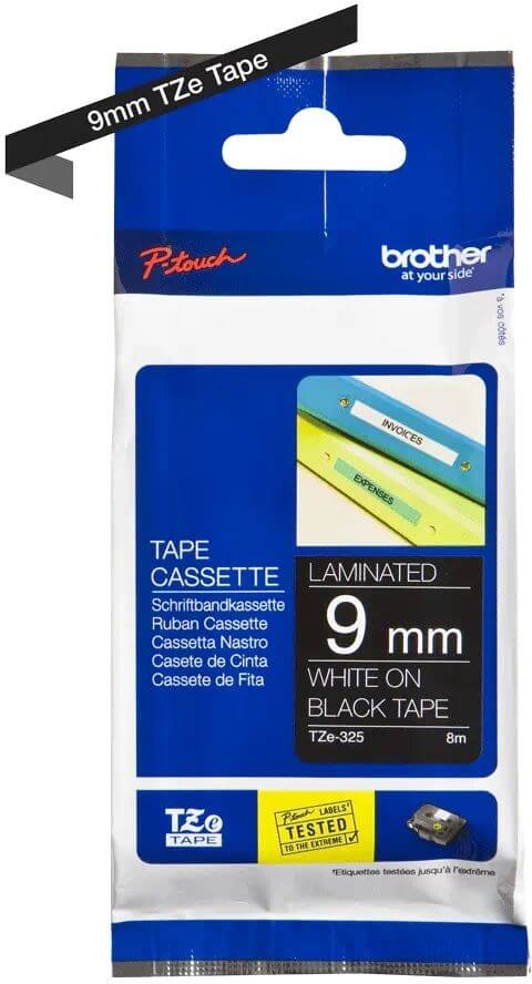 Картридж Brother TZE-325 (TZe325) оригинальный для Brother P-Touch, лента 9мм*8м, белый на чёрном