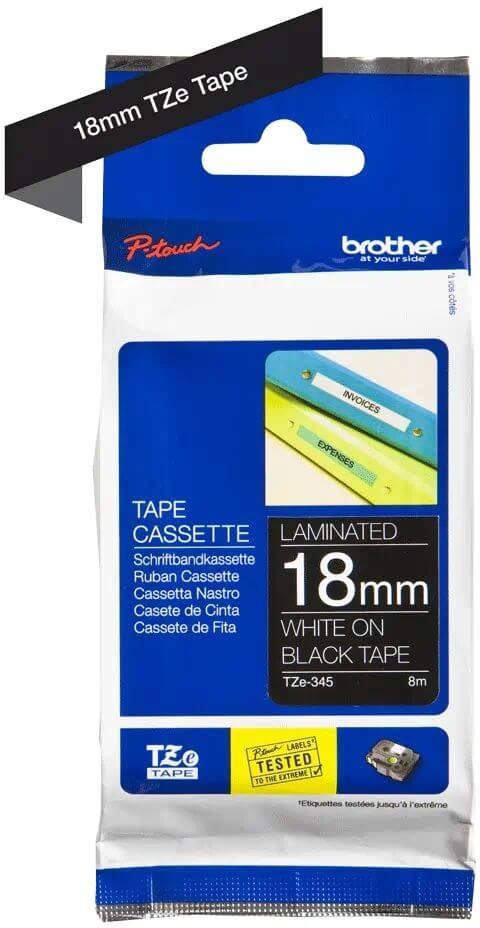 Картридж Brother TZE-345 (TZe345) оригинальный для Brother P-Touch, лента 18мм*8м, белый на чёрном