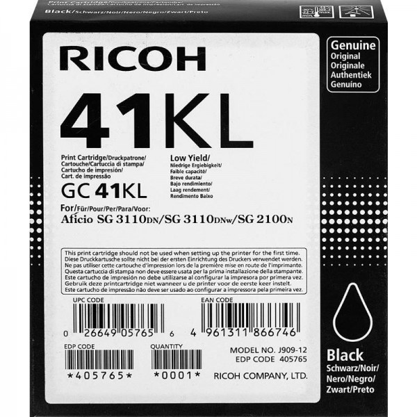 Картридж Ricoh GC 41KL (405765) оригинальный для Ricoh Aficio SG 3110DN/ DNw/ SFNw/ 3100SNw/ 7100DN, чёрный, уменьшенный, 600 стр.