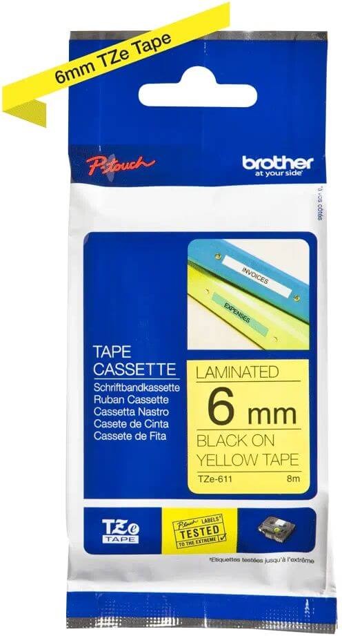Картридж Brother TZE-611 (TZe611) оригинальный для Brother P-Touch, лента 6мм*8м, чёрный на жёлтом