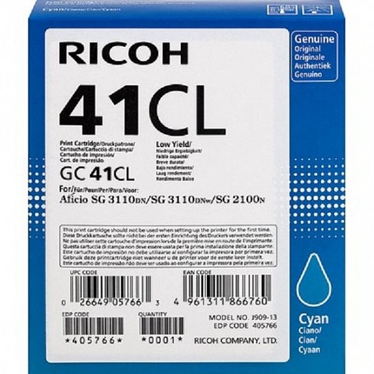 Картридж Ricoh GC 41CL (405766) оригинальный для Ricoh Aficio SG 3110DN/ DNw/ SFNw/ 3100SNw/ 7100DN, голубой, уменьшенный, 600 стр.
