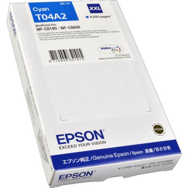 Картридж Epson C13T04A240 (T04A2 Cyan) XXL оригинальный для Epson WorkForce WF-C8190/ WF-C8690, голубой, 8000 стр. 69мл