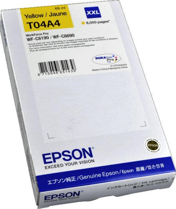 Картридж Epson C13T04A440 (T04A4 Yellow) XXL оригинальный для Epson WorkForce WF-C8190/ WF-C8690, жёлтый, 8000 стр. 69мл