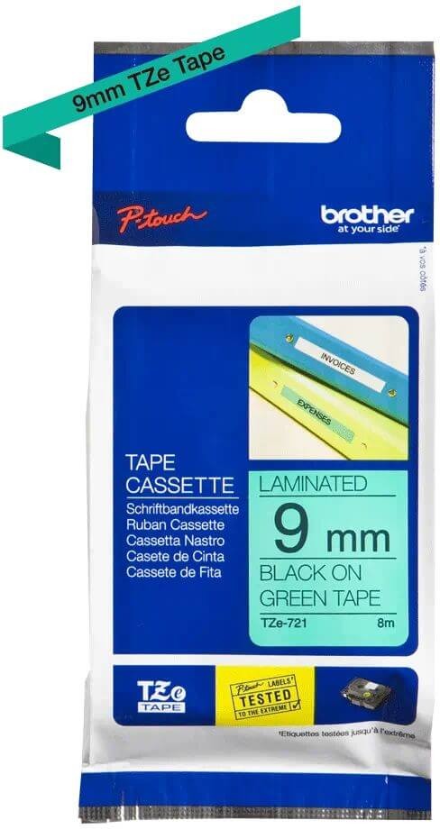 Картридж Brother TZE-721 (TZe721) оригинальный для Brother P-Touch, лента 9мм*8м, чёрный на зелёном 