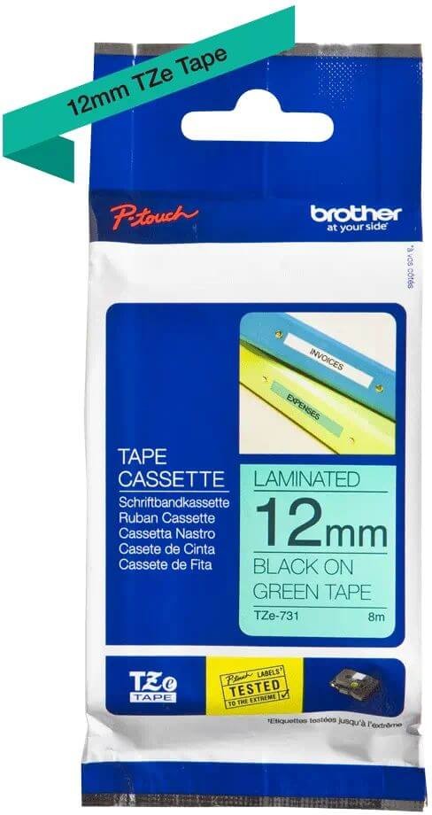 Картридж Brother TZE-731 (TZe731) оригинальный для Brother P-Touch, лента 12мм*8м, чёрный на зелёном