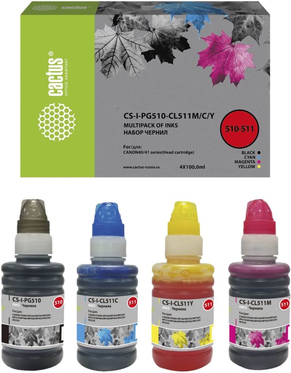 Набор чернил Cactus PG-510/CL-511 (CS-I-PG510-CL511M/C/Y) CMYK для Canon Pixma iP2700/ MX420/ MP240/ MP250, голубой/ пурпурный/ жёлтый/ чёрный, 4х100мл