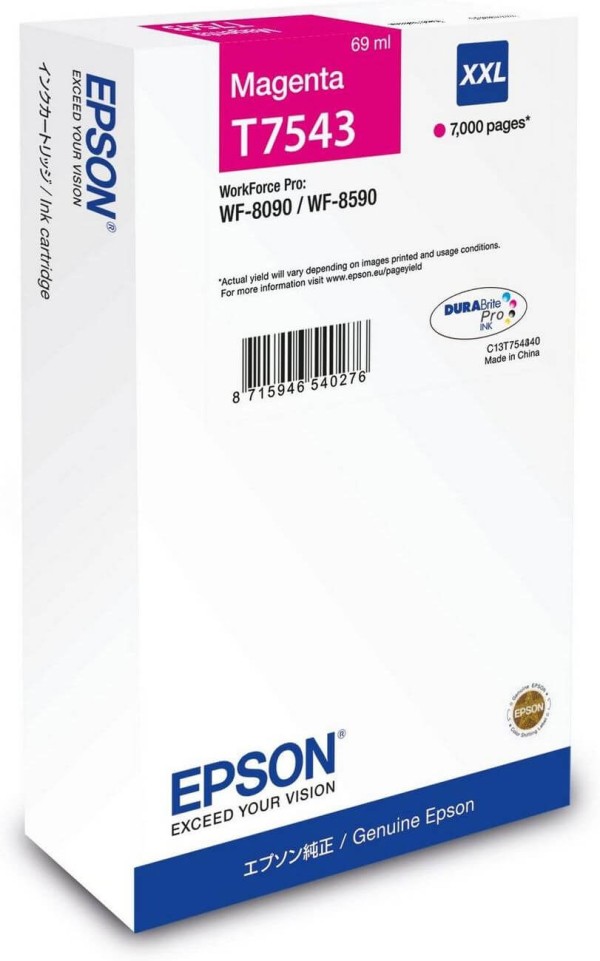 Картридж Epson C13T754340 (T7543 Magenta) XXL оригинальный для Epson WorkForce Pro WF-8090/ WF-8590, пурпурный, 69мл., 7000 стр.