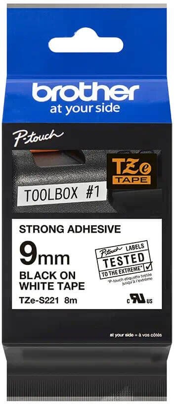 Картридж Brother TZE-S221 (TZeS221) оригинальный для Brother P-Touch, сверхклейкая лента 9мм*8м, чёрный на белом