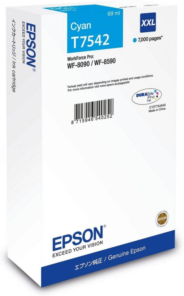 Картридж Epson C13T754240 (T7542 Cyan) XXL оригинальный для Epson WorkForce Pro WF-8090/ WF-8590, голубой, 69мл., 7000 стр.