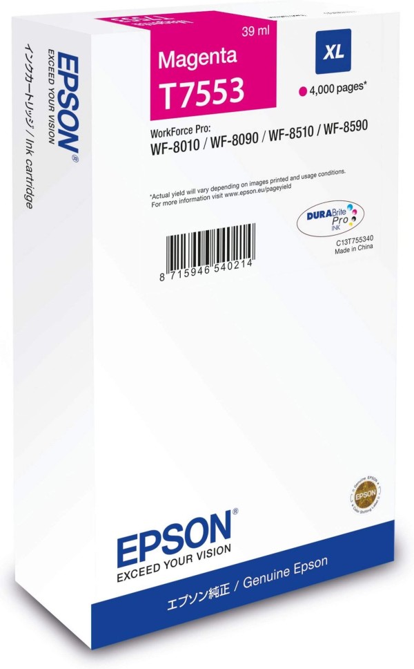 Картридж Epson C13T755340 (T7553 Magenta) XL оригинальный для Epson WorkForce Pro WF-8090/ WF-8590, пурпурный, 39мл., 4000 стр.