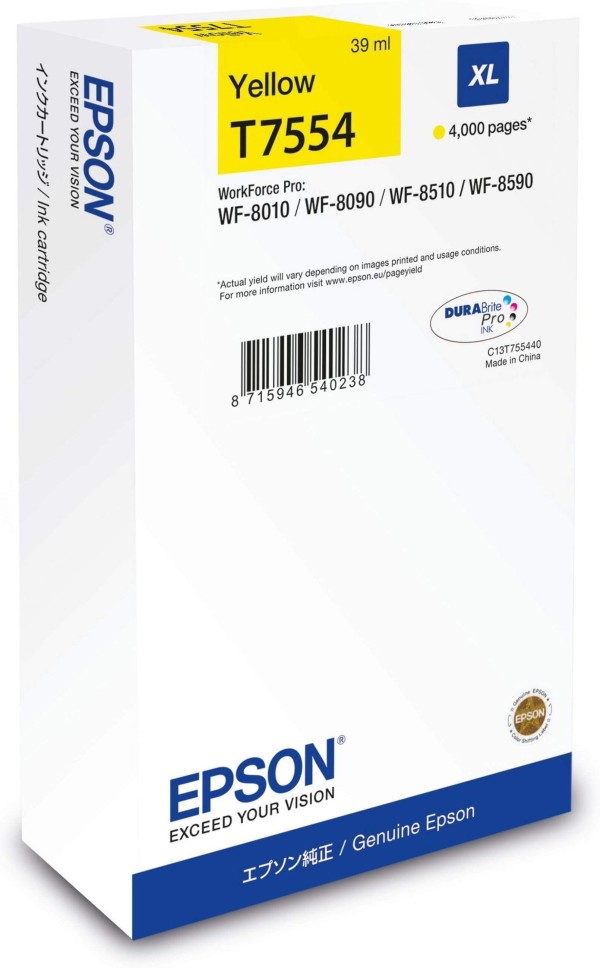 Картридж Epson C13T755440 (T7554 Yellow) XL оригинальный для Epson WorkForce Pro WF-8090/ WF-8590, жёлтый, 39мл., 4000 стр.