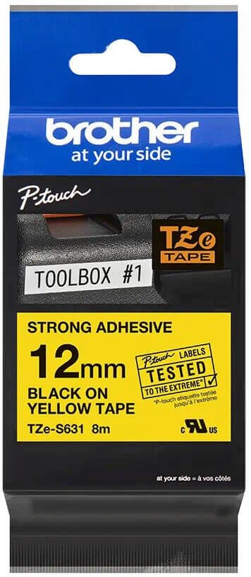 Картридж Brother TZE-S631 (TZeS631) оригинальный для Brother P-Touch, сверхклейкая лента 12мм*8м, чёрный на жёлтом