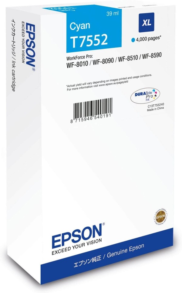 Картридж Epson C13T755240 (T7552 Cyan) XL оригинальный для Epson WorkForce Pro WF-8090/ WF-8590, голубой, 39мл., 4000 стр.