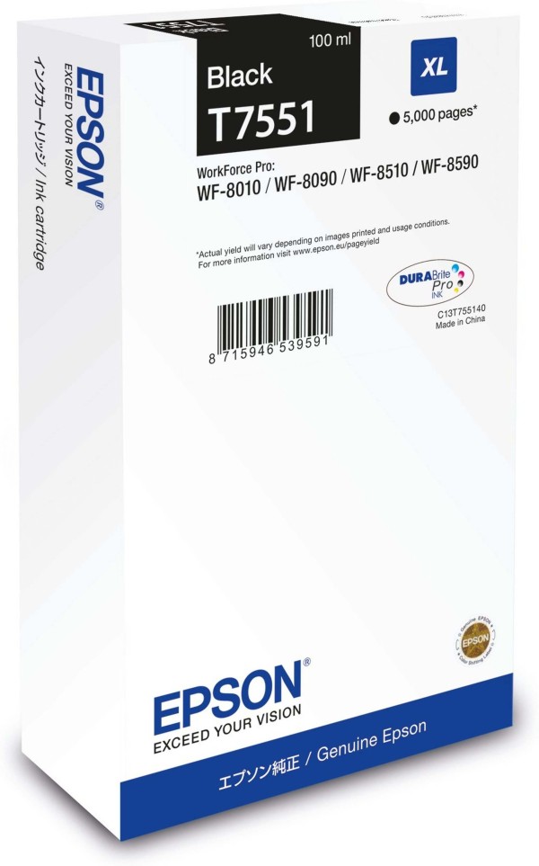 Картридж Epson C13T755140 (T7551 Black) XL оригинальный для Epson WorkForce Pro WF-8090/ WF-8590, чёрный, 100мл., 5000 стр.