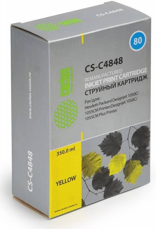 Картридж Cactus №80 C4848A (CS-C4848) Yellow для HP DesignJet 1050c/ 1055cm/ 1000, жёлтый, увеличенный, 350мл.