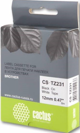 Cactus TZ-231 Лента Cactus (CS-TZ231) для печати наклеек в устройствах brother P-touch 1010/ 1280/ 1280VP/ 2700VP, черный на белом, 12мм х 8м