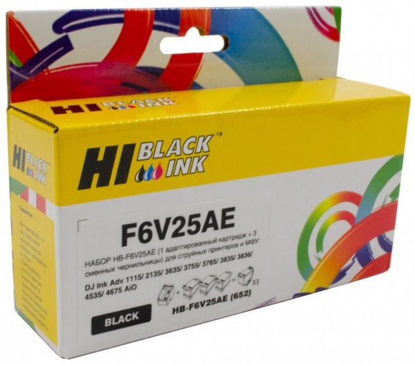 Набор Hi-Black (F6V25AE) №652 (1 адапт. картридж+ 3 сменных чернильницы) для HP DJ1115/ 3636, BK