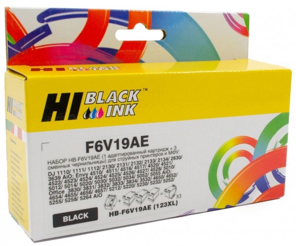 Набор Hi-Black (F6V19AE) №123 (1 адапт. картридж+ 3 сменных чернильницы) для HP DJ2130, Bk