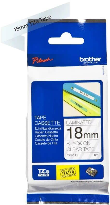 Картридж Brother TZE-141 (TZe141) оригинальный для Brother P-Touch, лента 18мм*8м, чёрный на прозрачном
