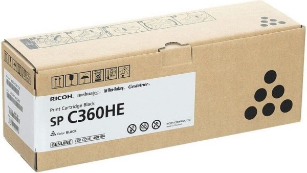 Картридж Ricoh SP C360HE (408184) оригинальный для Ricoh SP C360DNw/ C360SNw/ C360SFNw/ C361SFNw, черный, 7000 стр.