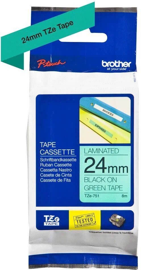 Картридж Brother TZE-751 (TZe751) оригинальный для Brother P-Touch, лента 24мм*8м, чёрный на зелёном