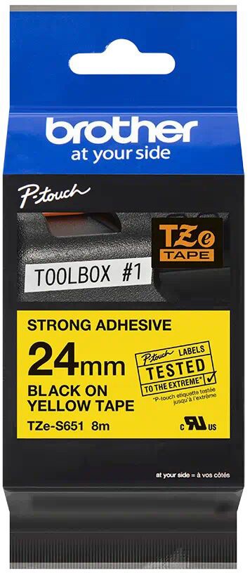 Картридж Brother TZE-S651 (TZeS651) оригинальный для Brother P-Touch, сверхклейкая лента 24мм*8м, чёрный на жёлтом