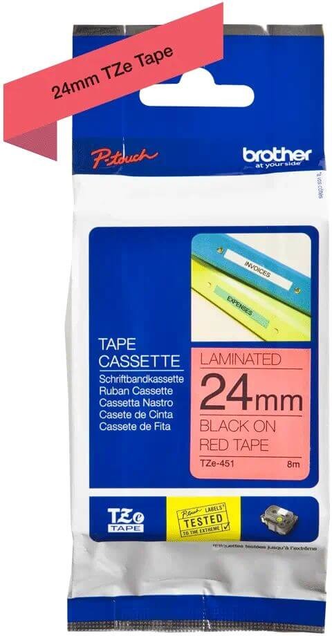 Картридж Brother TZE-451 (TZe451) оригинальный для Brother P-Touch, лента 24мм*8м, чёрный на красном