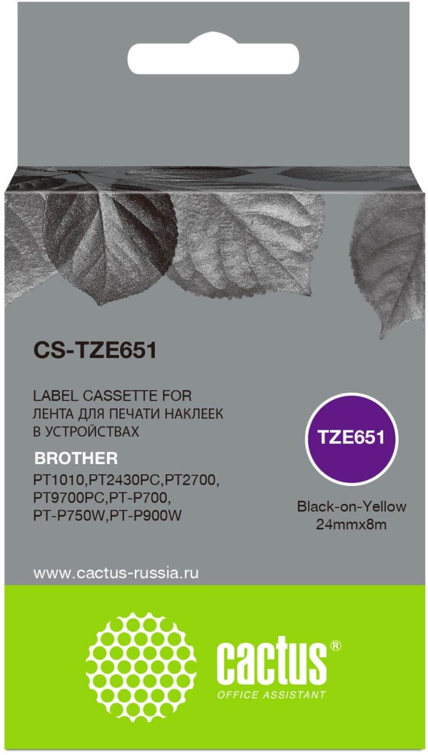 Картридж Cactus TZe-651 (CS-TZE651) для Brother P-touch 1010/ 1280/ 1280VP/ 2700VP, чёрный на жёлтом, 24мм х 8м