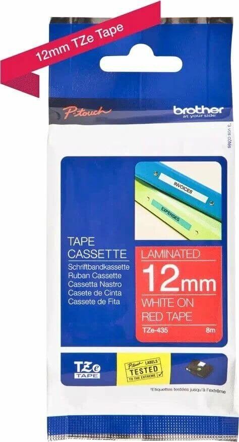 Картридж Brother TZE-435 (TZe435) оригинальный для Brother P-Touch, лента 12мм*8м, белый на красном