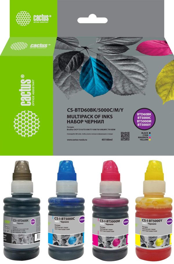 Набор чернил Cactus BTD60/BT5000 (CS-BTD60BK/5000M/C/Y) CMYK для Brother HL-T4000DW, DCP-T510W, MFC-T920DW, голубой/ пурпурный/ жёлтый/ чёрный, 4х100мл