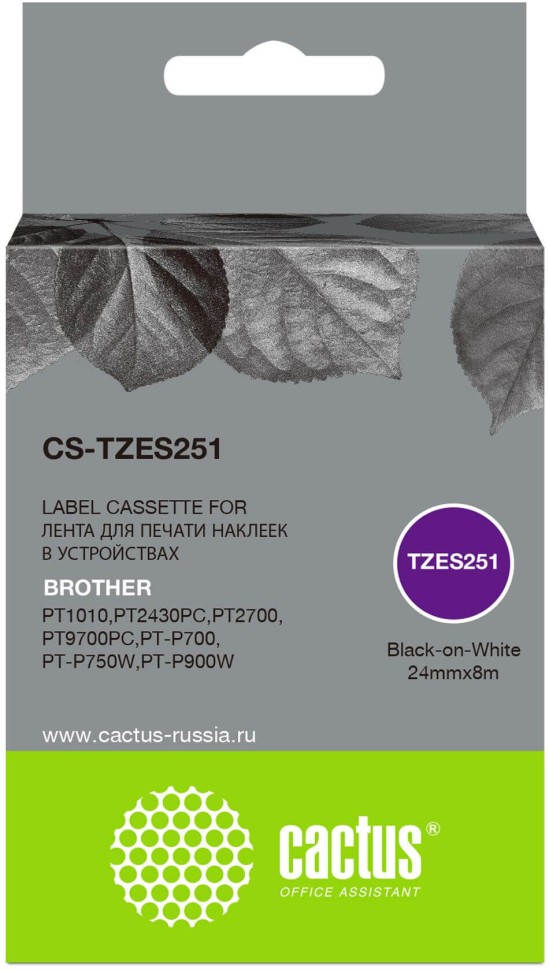 Картридж Cactus TZe-S251 (CS-TZES251) для Brother P-touch 1010/ 1280/ 1280VP/ 2700VP, чёрный на белом, 24мм х 8м