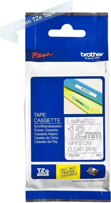 Картридж Brother TZE-135 (TZe135) оригинальный для Brother P-Touch, лента 12мм*8м, белый на прозрачном
