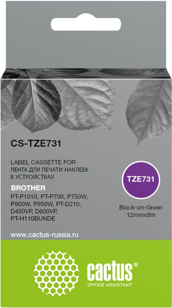 Картридж Cactus TZe-731 (CS-TZE731) для Brother P-touch PT-P700/ P750W/ P900W/ P950W/ PT-D210/ D450VP/ D600VP, чёрный на зелёном, 12мм х 8м