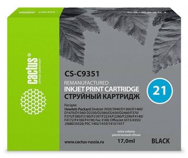 Картридж струйный Cactus CS-C9351 №21 черный (17мл) для HP DJ 3920/3940/D1360/D1460/D1470/D1560/D2330/D2360/D2430/D2460/F370/F375/F380/F2180/F2187/F2224/F2280/F2290/F4140/F4172/F4180/F4190