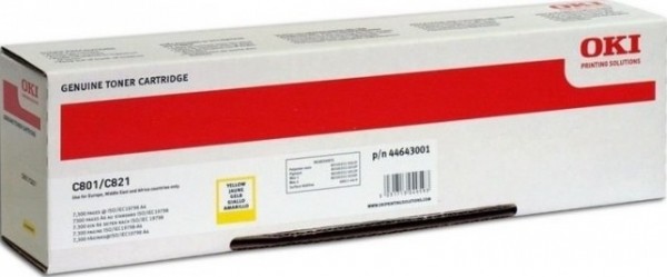 Картридж OKI (44643005/44643001) оригинальный для принтера OKI C801/ C821, желтый, 7300 стр.
