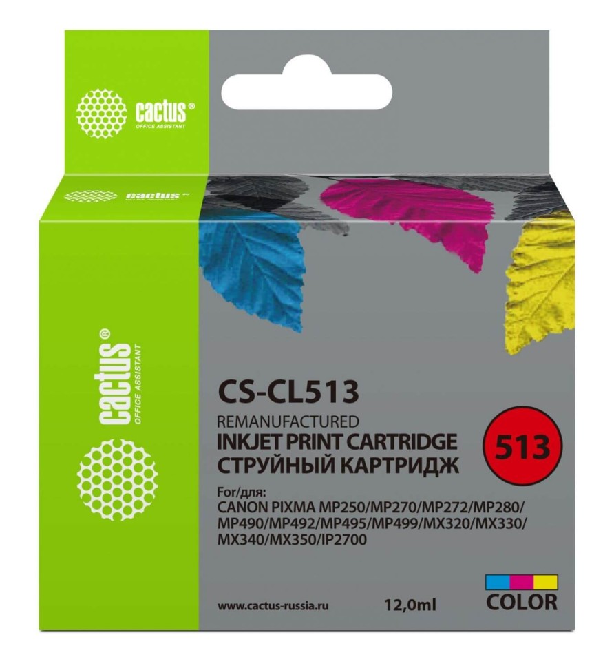 Картридж Cactus CL-513 (CS-CL513) Tri-Color (с чипом) для Canon PIXMA MP240/ MP250/ MX320/ MX330/ iP2700/ iP2702, цветной, 12мл