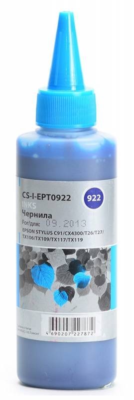 Чернила Cactus CS-I-EPT0922 для принтеров Epson St C91/ CX4300/ T26/ T27/ TX106/ TX109, голубой 100мл