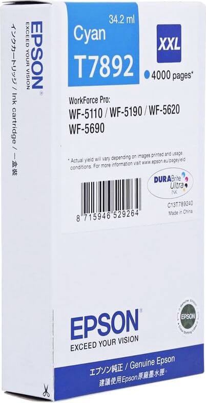 Картридж Epson C13T789240 (T7892 Cyan) XXL оригинальный для Epson WorkForce Pro WF-5110/ WF-5190/ WF-5620/ WF-5690, голубой, 34,2мл., 4000 стр.