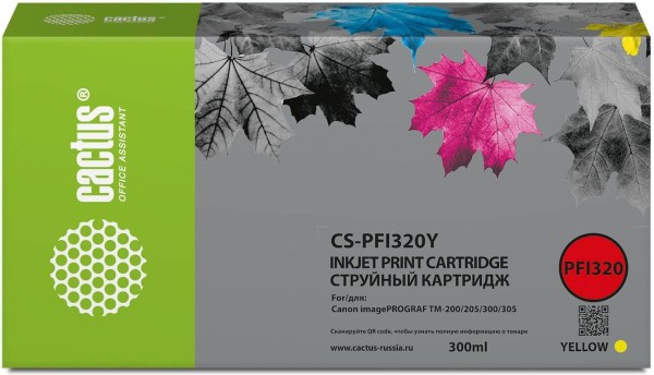 Картридж Cactus PFI-320Y (CS-PFI320Y) для Canon imagePROGRAF TM-200/ TM-205/ TM-300/ TM-305, жёлтый (yellow), 300мл