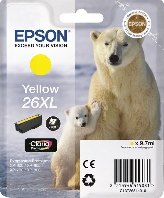 C13T26344010 / C13T26344012 Картридж Epson дляXP-600, XP-605, XP-700, XP-800, Желтый. 26XL YE (cons ink)