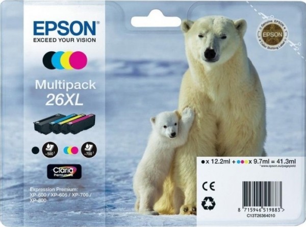 C13T26364010 Картридж Epson 26XL для Expression Premium XP-600/605/700, 4 цвета, 4clr Pig BK, CY, MA, YE (cons ink)