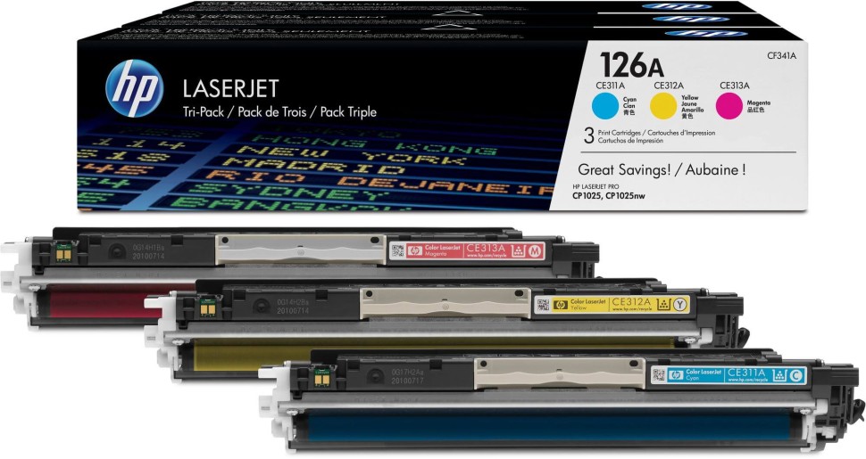 Набор картриджей HP CF341A (CE311A+CE312A+CE313A) (126A) CMY оригинальный для HP Color LaserJet CP1025/ CP1025nw/ M175nw/ M275, 3*1000 страниц