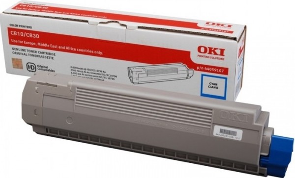 Картридж OKI (44059119/44059107) оригинальный для принтера OKI C810/ C830, голубой, 8000 стр.