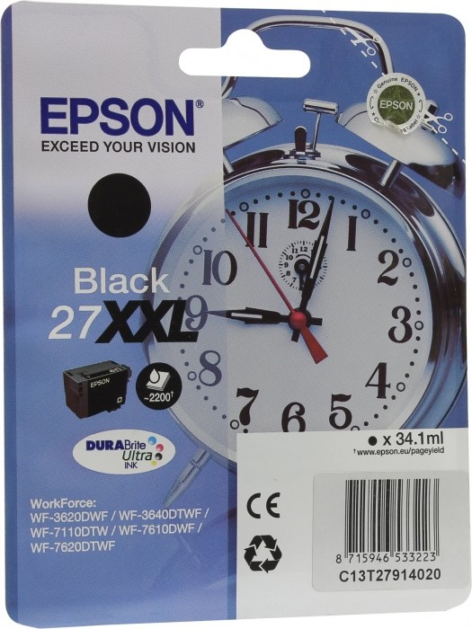 Картридж Epson C13T27914022/ C13T27914020 (T2791) 27XXL оригинальный для Epson WorkForce WF-7110/­ WF-7610/­ WF-7620, чёрный, экстраповышенная ёмкость, 2200 стр., 34,1мл