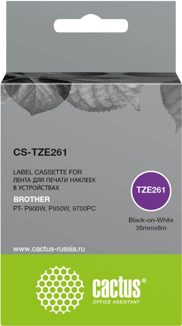 Картридж Cactus TZe-261 (CS-TZE261) для Brother PT- P900W/ P950W/ 9700PC, чёрный на белом, 36мм х 8м