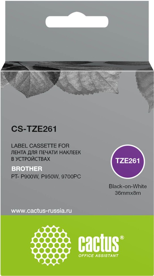 Картридж Cactus TZe-261 (CS-TZE261) для Brother PT- P900W/ P950W/ 9700PC, чёрный на белом, 36мм х 8м
