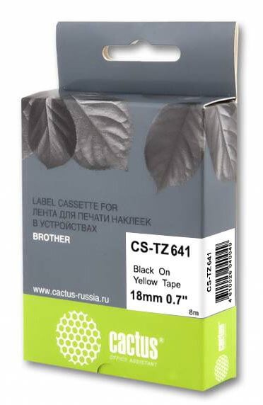 Картридж Cactus TZe-641 (CS-TZ641) для Brother P-touch 1010/ 1280/ 1280VP/ 2700VP, чёрный на жёлтом, 18мм х 8м